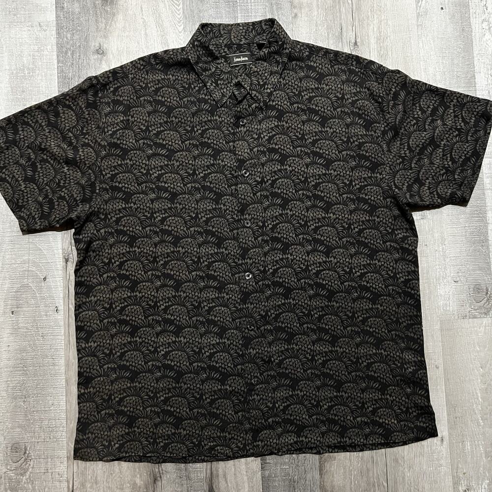 VTG Neiman Marcus Silk Rayon Black Pineapple Button Shirt 90s Mens 2XL Hawaiian